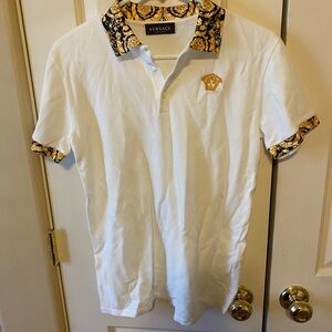 Versace white polo boy’s size 14A gold & black collar borocco medusa emblem